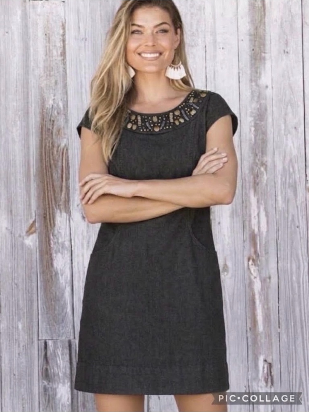 Dress Barn Dress Denim Mini Sheath Black Embellished Cap Sleeve 8